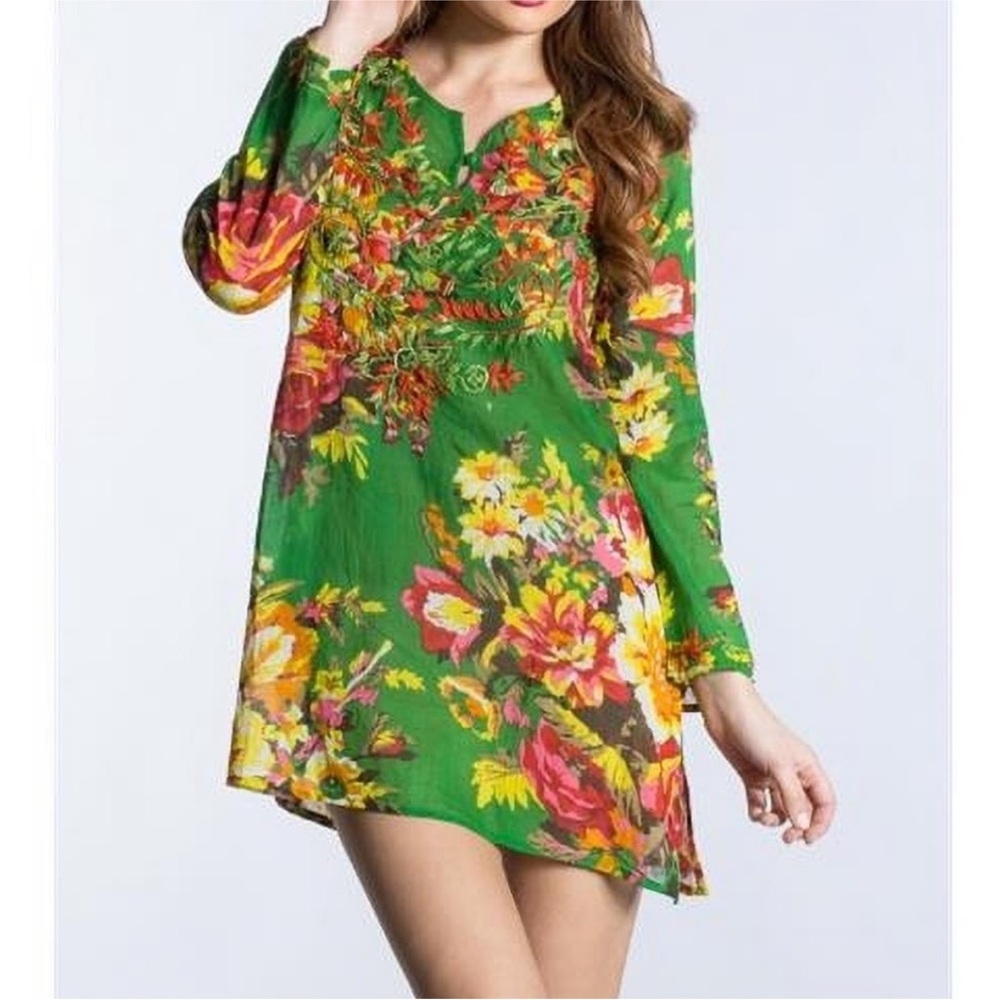 Floral Green Dress Summer Cover Up, Casual Cotton Tunic